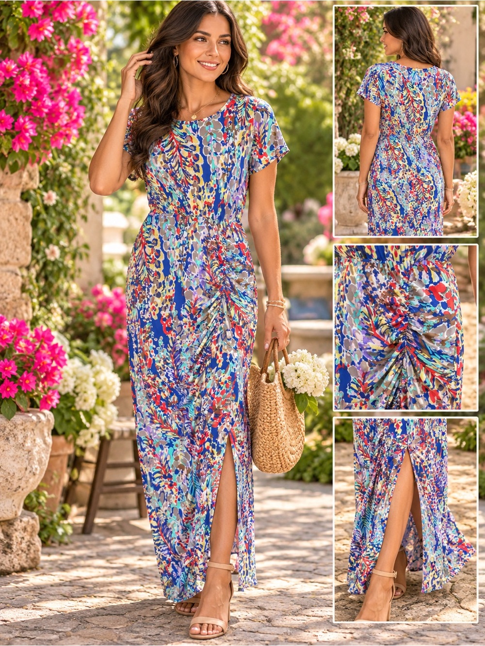Multicolor Tropical Floral Ruched Maxi Dress Short Sleeve Summer Resort